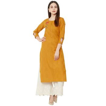 mustard color floral embroidered round neck cotton casual kurti 5