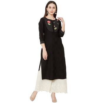 black cotton casual kurti with floral embroidered patch 1