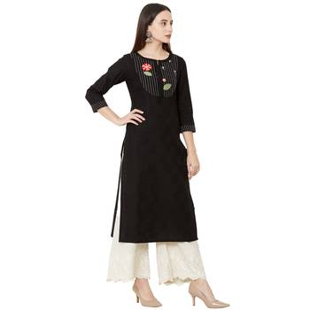 black cotton casual kurti with floral embroidered patch 2