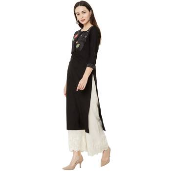 black cotton casual kurti with floral embroidered patch 3