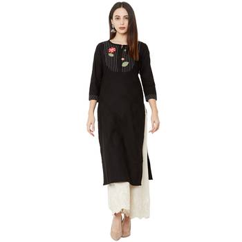 black cotton casual kurti with floral embroidered patch 5