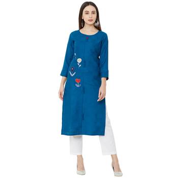 blue cotton casual round neck kurti with floral embroidery 1