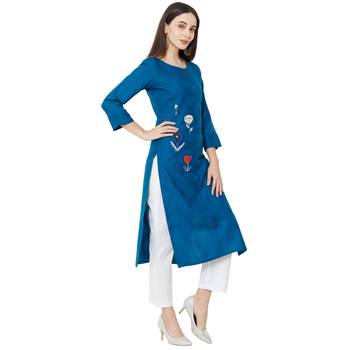 blue cotton casual round neck kurti with floral embroidery 2