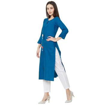 blue cotton casual round neck kurti with floral embroidery 3