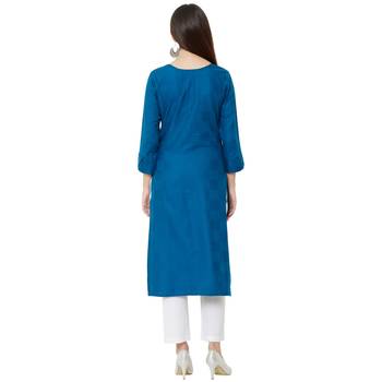 blue cotton casual round neck kurti with floral embroidery 4