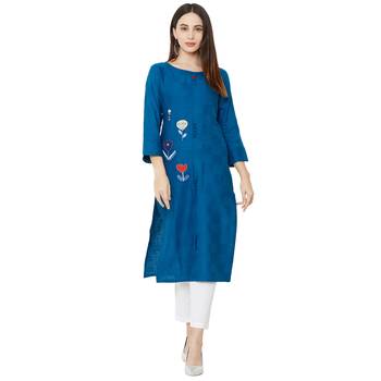 blue cotton casual round neck kurti with floral embroidery 5
