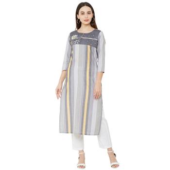 grey 100% cotton woven striped casual round neck kurti with floral embroidery and beeds work 1