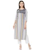 grey 100% cotton woven striped casual round neck kurti with floral embroidery and beeds work
