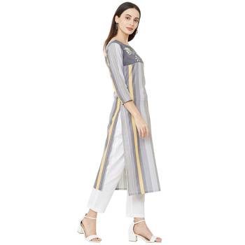 grey 100% cotton woven striped casual round neck kurti with floral embroidery and beeds work 2
