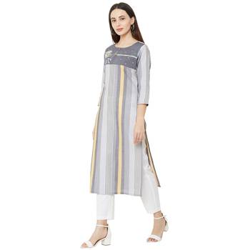 grey 100% cotton woven striped casual round neck kurti with floral embroidery and beeds work 3