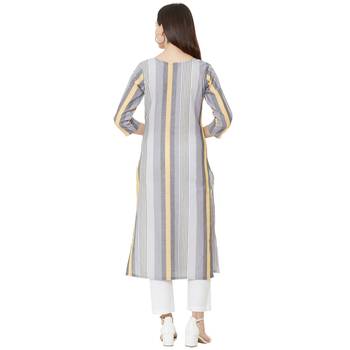 grey 100% cotton woven striped casual round neck kurti with floral embroidery and beeds work 4