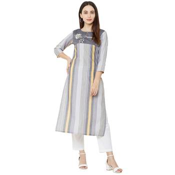 grey 100% cotton woven striped casual round neck kurti with floral embroidery and beeds work 5