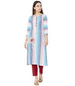 multicolor cotton woven striped casual straight kurti with floral embroidery