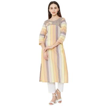 multicolor  cotton woven striped casual straight kurti with floral embroidery 1