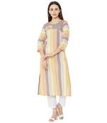 multicolor  cotton woven striped casual straight kurti with floral embroidery