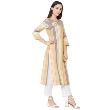 multicolor  cotton woven striped casual straight kurti with floral embroidery 2