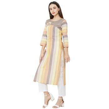 multicolor  cotton woven striped casual straight kurti with floral embroidery 3