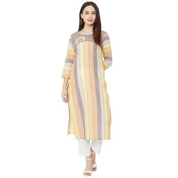 multicolor  cotton woven striped casual straight kurti with floral embroidery 5