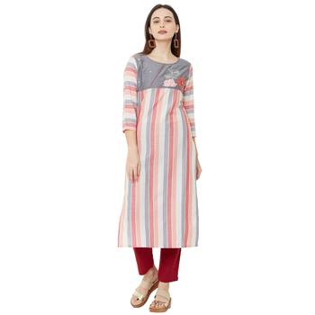 multicolor cotton woven striped casual straight kurti with floral embroidery 1