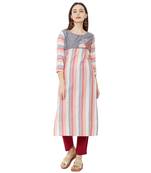 multicolor cotton woven striped casual straight kurti with floral embroidery