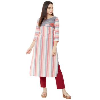 multicolor cotton woven striped casual straight kurti with floral embroidery 2