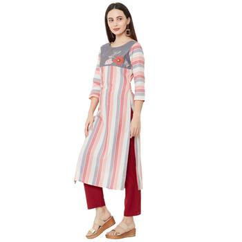 multicolor cotton woven striped casual straight kurti with floral embroidery 3