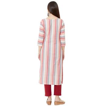 multicolor cotton woven striped casual straight kurti with floral embroidery 4