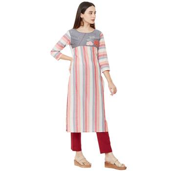 multicolor cotton woven striped casual straight kurti with floral embroidery 5