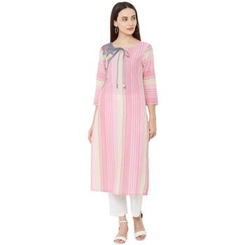 pink cotton woven striped casual straight kurti with floral embroidery 1