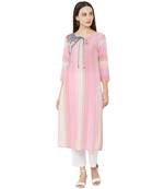 pink cotton woven striped casual straight kurti with floral embroidery