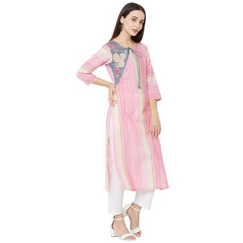 pink cotton woven striped casual straight kurti with floral embroidery 2