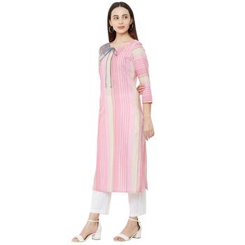 pink cotton woven striped casual straight kurti with floral embroidery 3