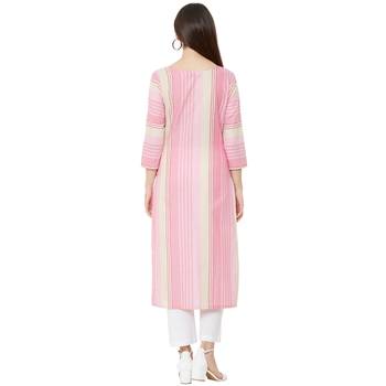 pink cotton woven striped casual straight kurti with floral embroidery 4