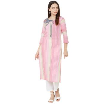 pink cotton woven striped casual straight kurti with floral embroidery 5