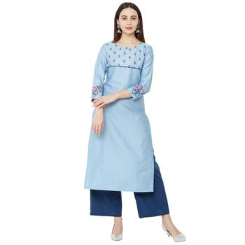 light blue casual cotton kurti with floral print and embroidery 1