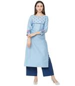 light blue casual cotton kurti with floral print and embroidery