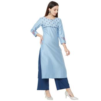 light blue casual cotton kurti with floral print and embroidery 2