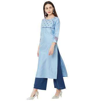 light blue casual cotton kurti with floral print and embroidery 3