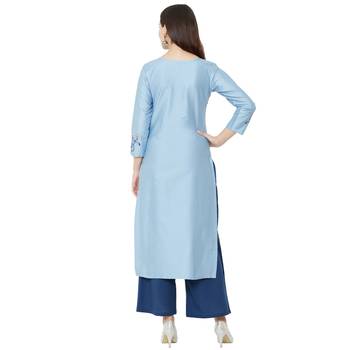 light blue casual cotton kurti with floral print and embroidery 4