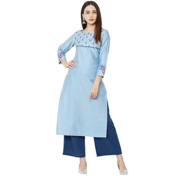 light blue casual cotton kurti with floral print and embroidery 5