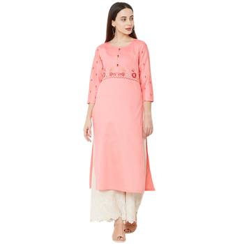casual cotton pink color kurti with floral embroidery and print on 3/4th sleeves 1