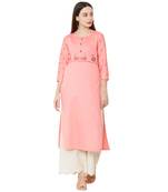 casual cotton pink color kurti with floral embroidery and print on 3/4th sleeves