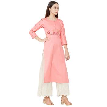 casual cotton pink color kurti with floral embroidery and print on 3/4th sleeves 2
