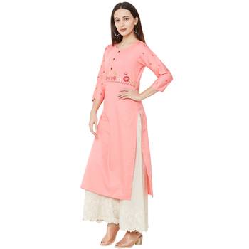 casual cotton pink color kurti with floral embroidery and print on 3/4th sleeves 3