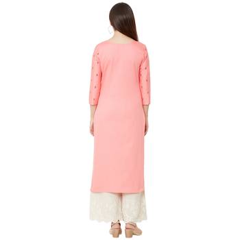 casual cotton pink color kurti with floral embroidery and print on 3/4th sleeves 4