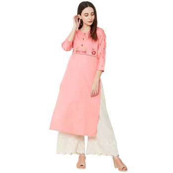 casual cotton pink color kurti with floral embroidery and print on 3/4th sleeves 5