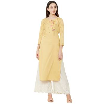 yellow cotton casual kurti having 3/4th sleeves with floral emboridery 1