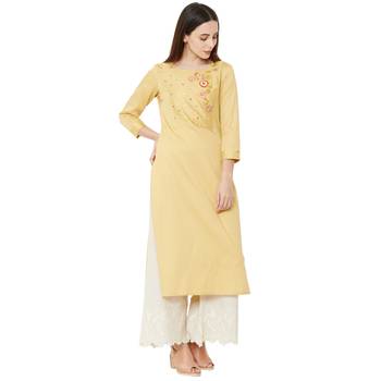 yellow cotton casual kurti having 3/4th sleeves with floral emboridery 2