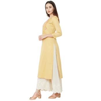 yellow cotton casual kurti having 3/4th sleeves with floral emboridery 3
