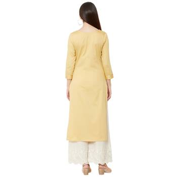 yellow cotton casual kurti having 3/4th sleeves with floral emboridery 4